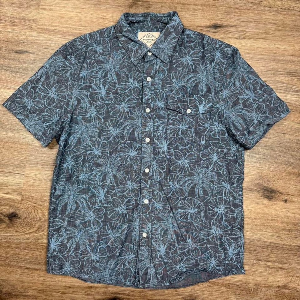 dark blue floral st. john's bay short sleeve button up shirt